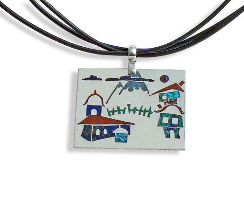 Сребърно колие с емайли и естествена кожа