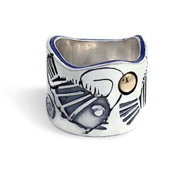 Сребърен пръстен, инкрустиран със злато и емайли от лазурит